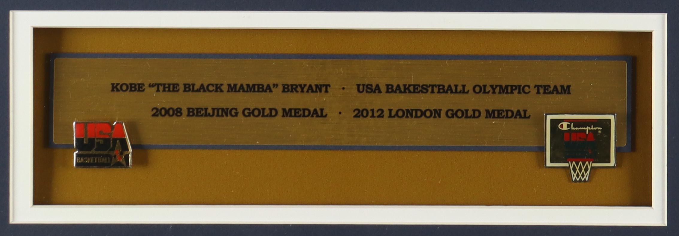 Kobe Bryant Team USA Custom Framed Nike Jersey Display with (2) Vintage USA Basketball Pins & (2) Cloth Patches at PristineAuction.com Kobe Bryant Team USA Custom Framed Nike Jersey Display with (2) Vintage USA Basketball Pins & (2) Cloth Patches at PristineAuction.com