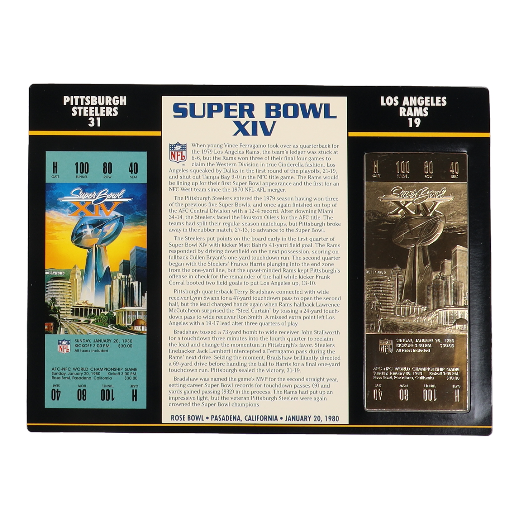 Pittsburgh Steelers Champions 23KT Super Bowl XIV Ticket at PristineAuction.com Pittsburgh Steelers Champions 23KT Super Bowl XIV Ticket at PristineAuction.com