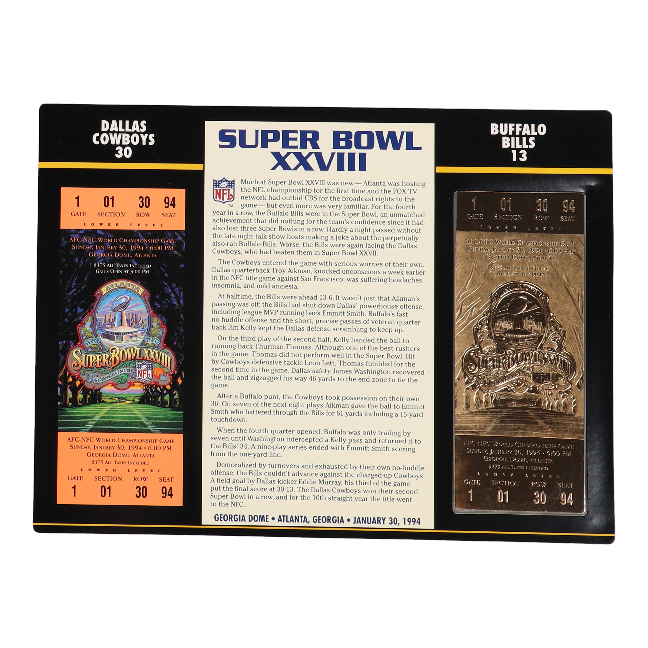 Dallas Cowboys Champions 23KT Super Bowl XXVIII Ticket at PristineAuction.com Dallas Cowboys Champions 23KT Super Bowl XXVIII Ticket at PristineAuction.com
