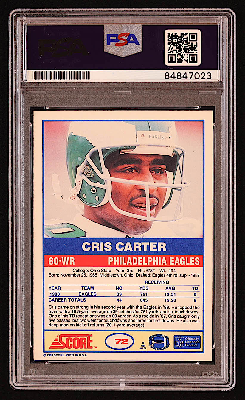 Cris Carter Signed 1989 Score #72 RC (PSA) at PristineAuction.com Cris Carter Signed 1989 Score #72 RC (PSA) at PristineAuction.com