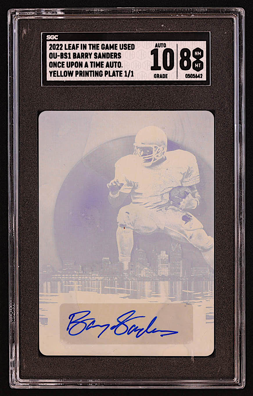 Barry Sanders 2022 ITG Used Sports Once Upon A Time In Autographs Printing Plates Yellow #OUTIBS1 #1/1 (SGC 8 | Auto Grade 10) at PristineAuction.com Barry Sanders 2022 ITG Used Sports Once Upon A Time In Autographs Printing Plates Yellow #OUTIBS1 #1/1 (SGC 8 | Auto Grade 10) at PristineAuction.com
