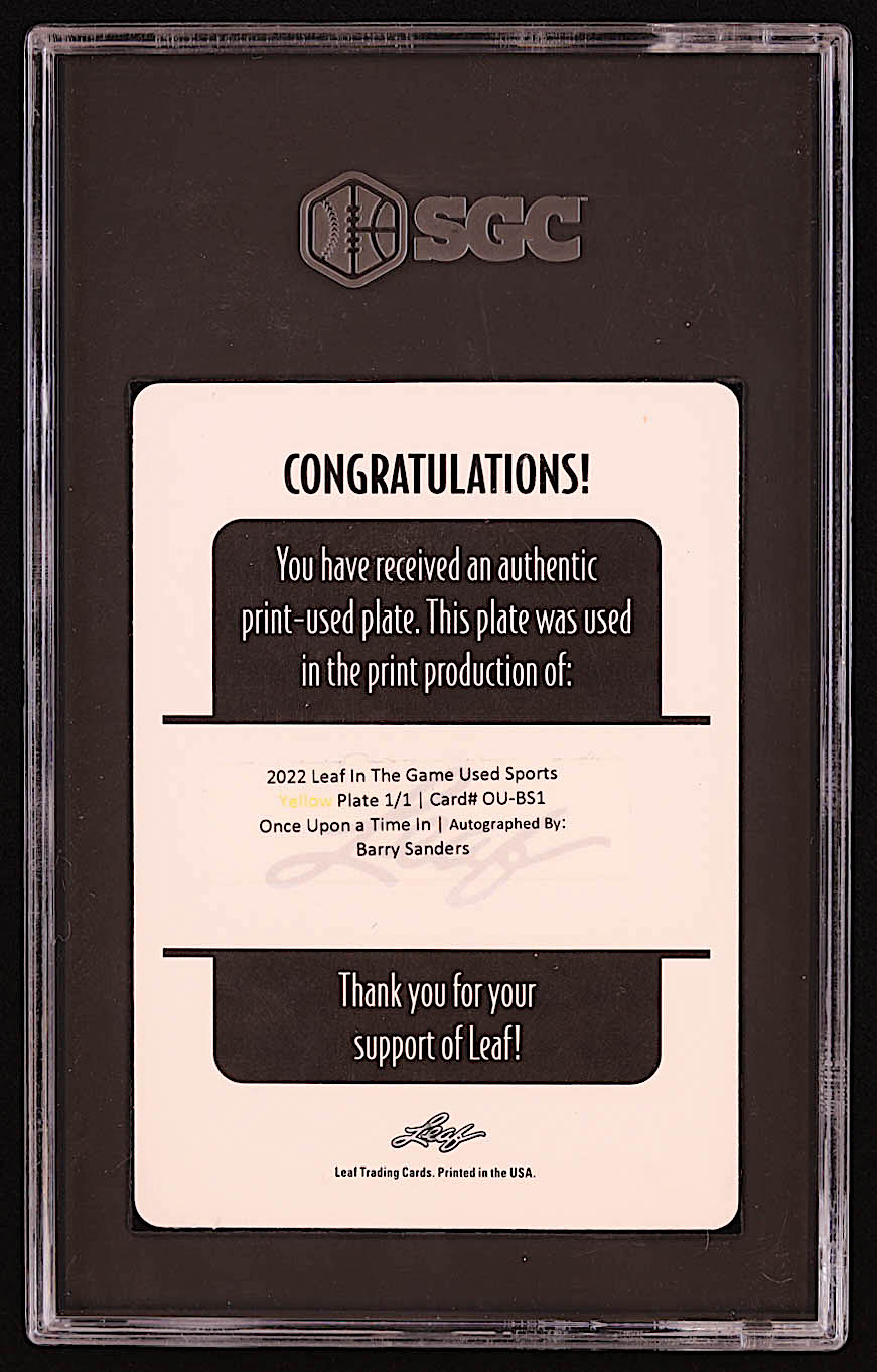 Barry Sanders 2022 ITG Used Sports Once Upon A Time In Autographs Printing Plates Yellow #OUTIBS1 #1/1 (SGC 8 | Auto Grade 10) at PristineAuction.com Barry Sanders 2022 ITG Used Sports Once Upon A Time In Autographs Printing Plates Yellow #OUTIBS1 #1/1 (SGC 8 | Auto Grade 10) at PristineAuction.com