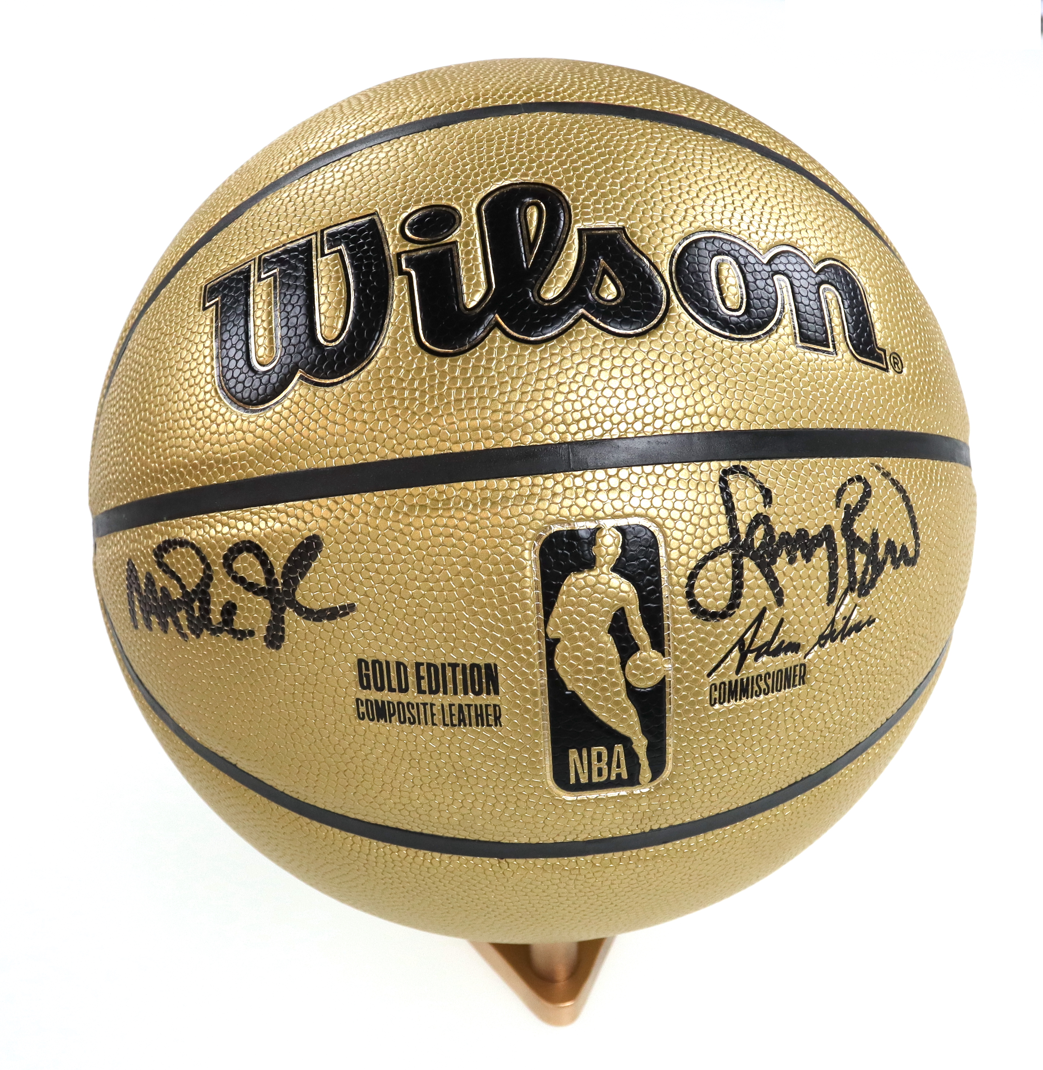 Magic Johnson & Larry Bird Signed Special Gold Edition NBA Basketball with All-Wood Stand (PSA & Beckett) at PristineAuction.com Magic Johnson & Larry Bird Signed Special Gold Edition NBA Basketball with All-Wood Stand (PSA & Beckett) at PristineAuction.com