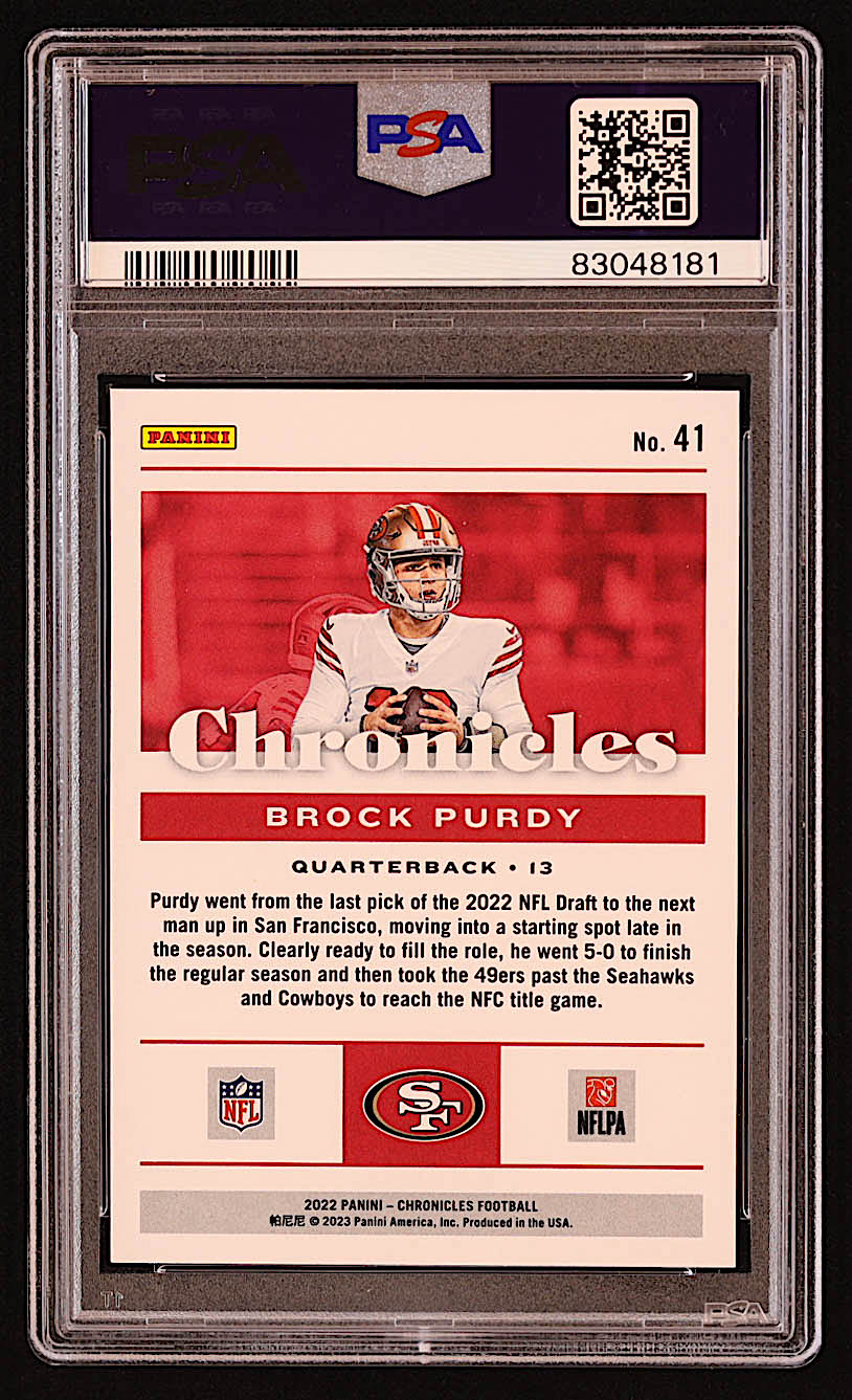 Brock Purdy 2022 Panini Chronicles #41 RC (PSA 10) at PristineAuction.com Brock Purdy 2022 Panini Chronicles #41 RC (PSA 10) at PristineAuction.com