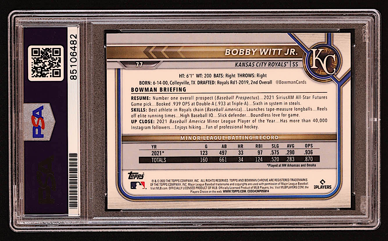 Bobby Witt Jr. Signed 2022 Bowman Chrome #77 RC (PSA) at PristineAuction.com Bobby Witt Jr. Signed 2022 Bowman Chrome #77 RC (PSA) at PristineAuction.com