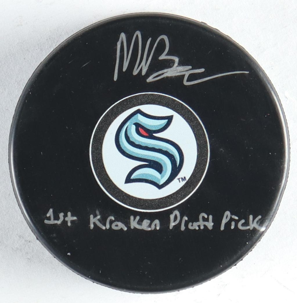 Matty Beniers Signed Kraken Logo Hockey Puck Inscribed "1st Kraken Draft Pick" (Fanatics) at PristineAuction.com Matty Beniers Signed Kraken Logo Hockey Puck Inscribed "1st Kraken Draft Pick" (Fanatics) at PristineAuction.com