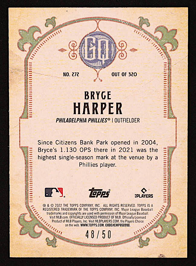 Bryce Harper 2022 Topps Gypsy Queen Black and White #272 #48/50 at PristineAuction.com Bryce Harper 2022 Topps Gypsy Queen Black and White #272 #48/50 at PristineAuction.com