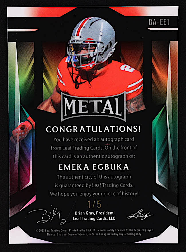 Emeka Egbuka 2023 Leaf Metal Mojo Blue #BAEE1 RC #1/5 at PristineAuction.com Emeka Egbuka 2023 Leaf Metal Mojo Blue #BAEE1 RC #1/5 at PristineAuction.com