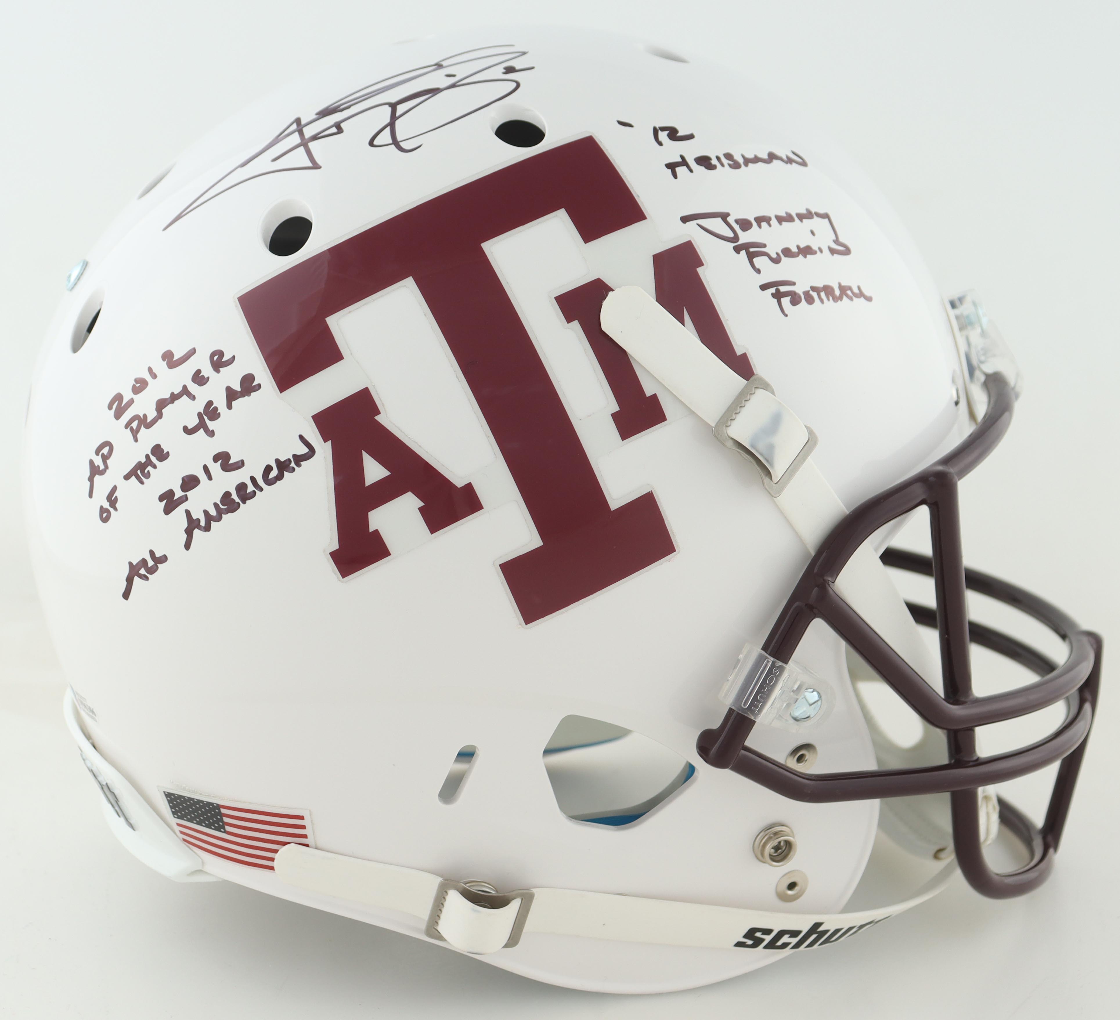 Johnny Manziel Signed Texas A&M Aggies Full-Size Speed Helmet with Multiple Stat Inscriptions (Beckett) at PristineAuction.com Johnny Manziel Signed Texas A&M Aggies Full-Size Speed Helmet with Multiple Stat Inscriptions (Beckett) at PristineAuction.com