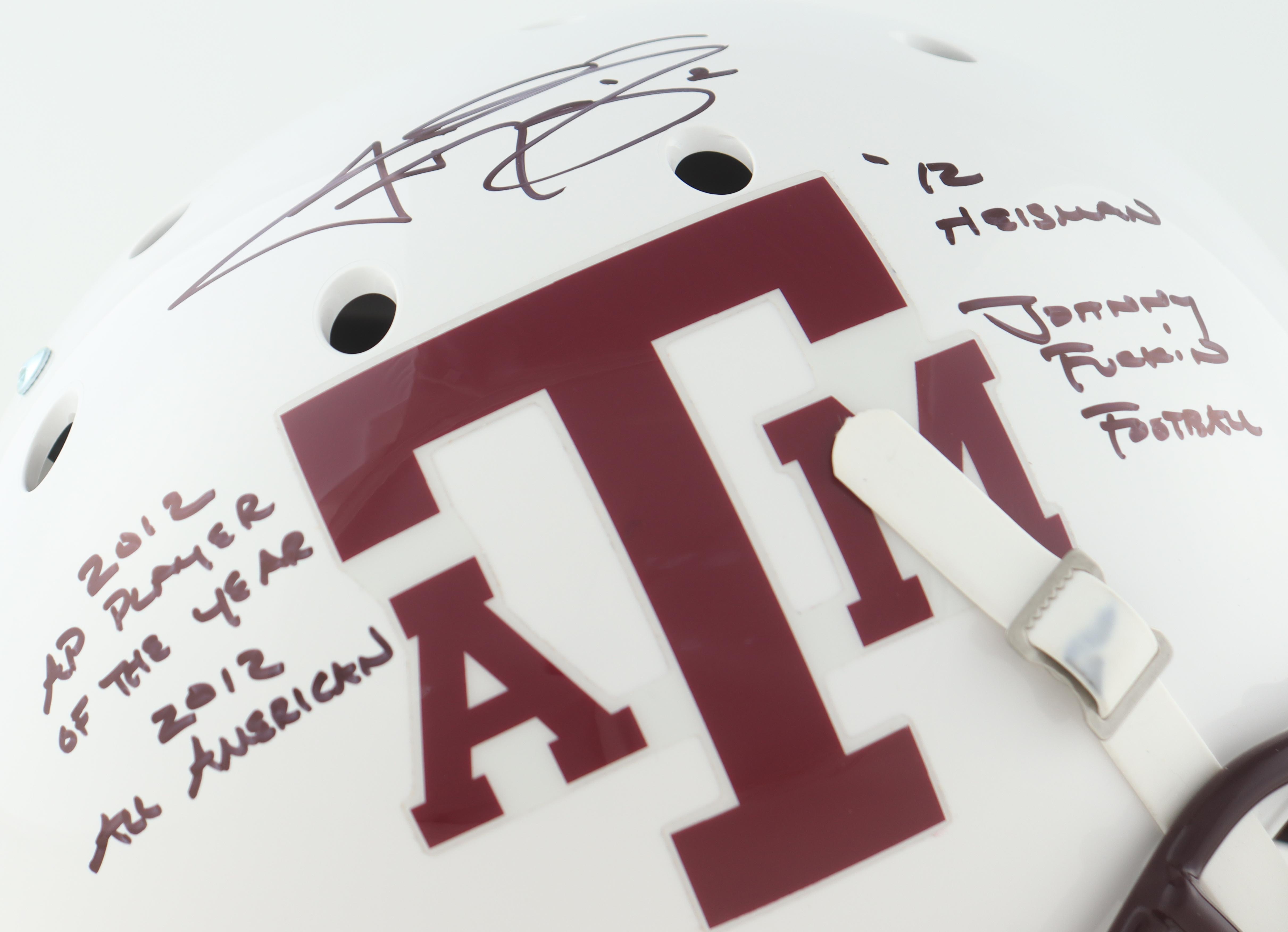 Johnny Manziel Signed Texas A&M Aggies Full-Size Speed Helmet with Multiple Stat Inscriptions (Beckett) at PristineAuction.com Johnny Manziel Signed Texas A&M Aggies Full-Size Speed Helmet with Multiple Stat Inscriptions (Beckett) at PristineAuction.com