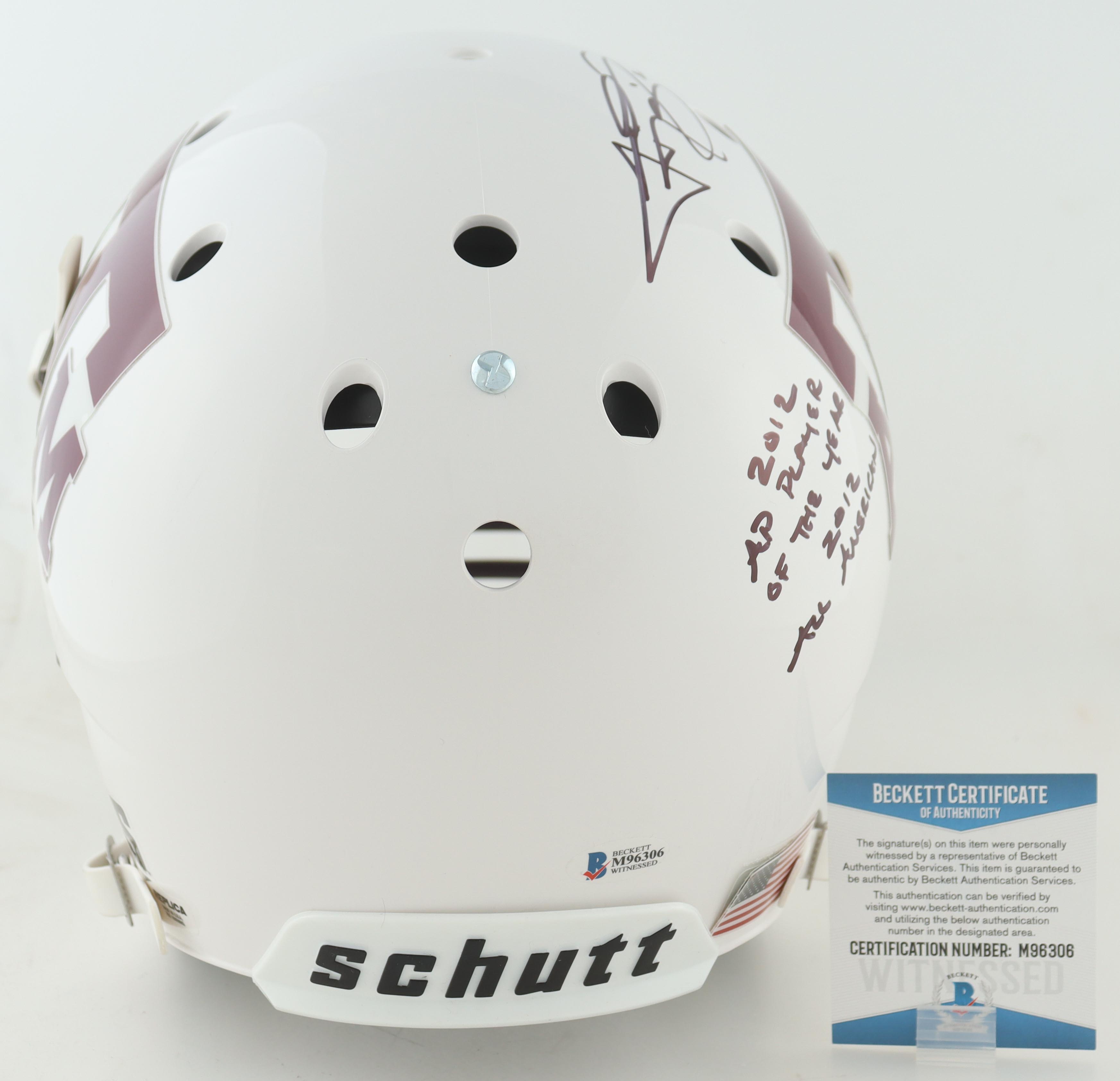 Johnny Manziel Signed Texas A&M Aggies Full-Size Speed Helmet with Multiple Stat Inscriptions (Beckett) at PristineAuction.com Johnny Manziel Signed Texas A&M Aggies Full-Size Speed Helmet with Multiple Stat Inscriptions (Beckett) at PristineAuction.com