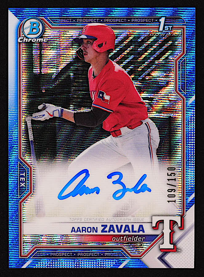 Aaron Zavala 2021 Bowman Chrome Draft Autographs Blue Wave Refractors #CDAAZ #109/150 RC at PristineAuction.com Aaron Zavala 2021 Bowman Chrome Draft Autographs Blue Wave Refractors #CDAAZ #109/150 RC at PristineAuction.com