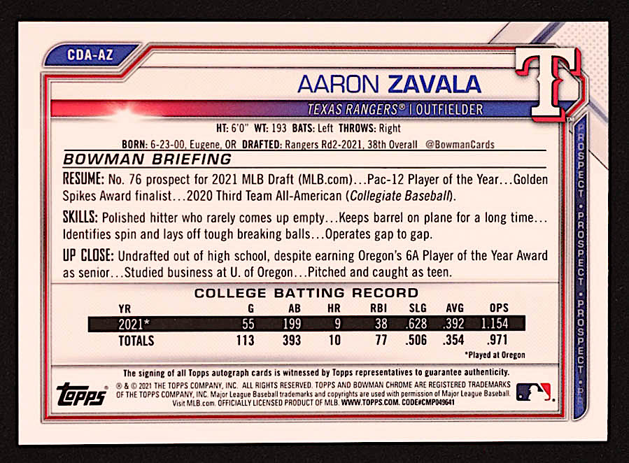 Aaron Zavala 2021 Bowman Chrome Draft Autographs Blue Wave Refractors #CDAAZ #109/150 RC at PristineAuction.com Aaron Zavala 2021 Bowman Chrome Draft Autographs Blue Wave Refractors #CDAAZ #109/150 RC at PristineAuction.com