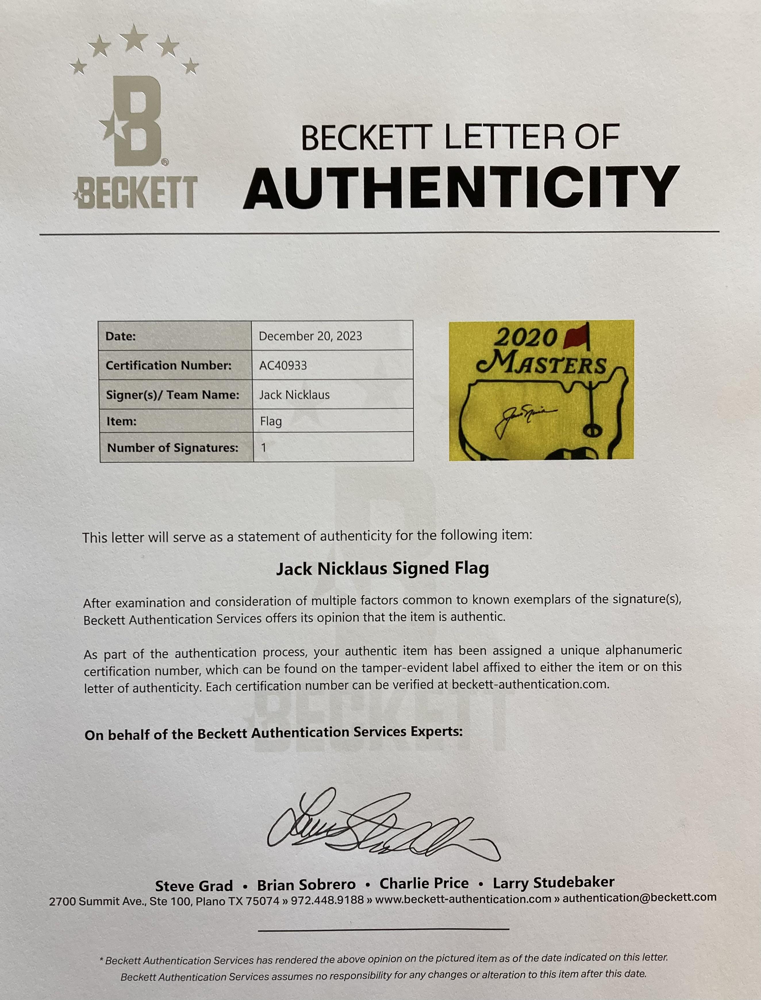 Jack Nicklaus Signed 2020 Masters Golf Flag (Beckett) at PristineAuction.com Jack Nicklaus Signed 2020 Masters Golf Flag (Beckett) at PristineAuction.com