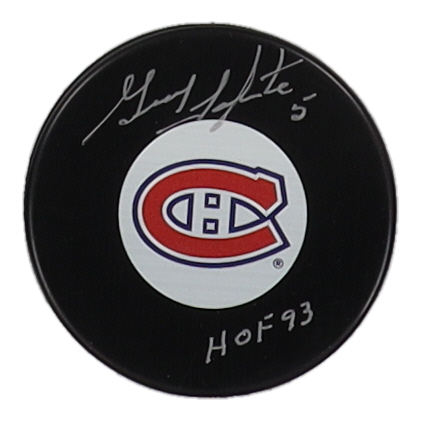 Guy Lapointe Signed Canadiens Logo Hockey Puck Inscribed "HOF 93" (Schwartz) at PristineAuction.com Guy Lapointe Signed Canadiens Logo Hockey Puck Inscribed "HOF 93" (Schwartz) at PristineAuction.com