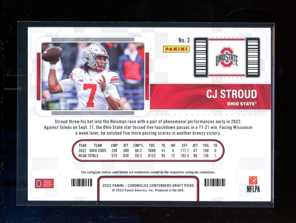 CJ Stroud 2023 Panini Chronicles Draft Picks Contenders College Ticket #3 RC at PristineAuction.com CJ Stroud 2023 Panini Chronicles Draft Picks Contenders College Ticket #3 RC at PristineAuction.com
