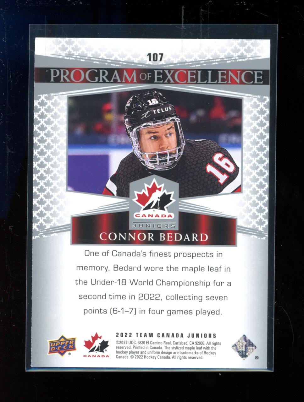 Connor Bedard 2022-23 Upper Deck Team Canada Juniors #107 POE at PristineAuction.com Connor Bedard 2022-23 Upper Deck Team Canada Juniors #107 POE at PristineAuction.com