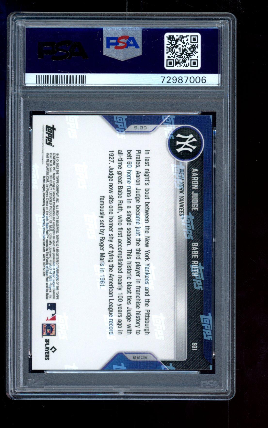 Aaron Judge / Babe Ruth 2022 Topps Now #931 (PSA 9) at PristineAuction.com Aaron Judge / Babe Ruth 2022 Topps Now #931 (PSA 9) at PristineAuction.com