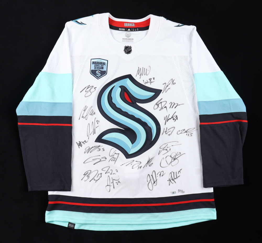Seattle Kraken Inaugural Season Team Jersey Signed by (25) With Max McCormick, Yanni Gourde, Adam Larrson, Jordan Eberle (Fanatics) at PristineAuction.com Seattle Kraken Inaugural Season Team Jersey Signed by (25) With Max McCormick, Yanni Gourde, Adam Larrson, Jordan Eberle (Fanatics) at PristineAuction.com