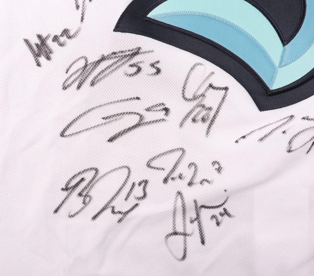 Seattle Kraken Inaugural Season Team Jersey Signed by (25) With Max McCormick, Yanni Gourde, Adam Larrson, Jordan Eberle (Fanatics) at PristineAuction.com Seattle Kraken Inaugural Season Team Jersey Signed by (25) With Max McCormick, Yanni Gourde, Adam Larrson, Jordan Eberle (Fanatics) at PristineAuction.com