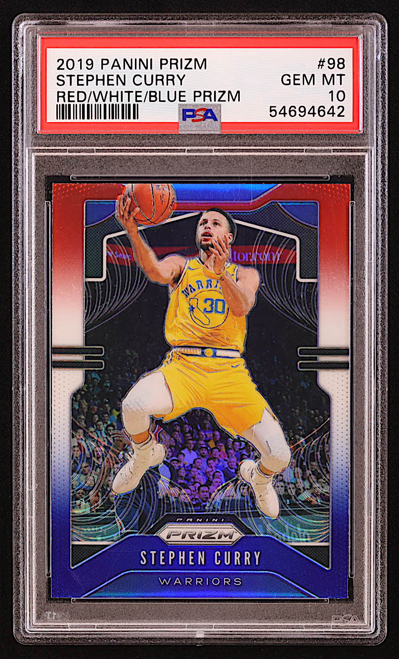 Stephen Curry 2019-20 Panini Prizm Prizms Red White and Blue #98 (PSA 10) at PristineAuction.com Stephen Curry 2019-20 Panini Prizm Prizms Red White and Blue #98 (PSA 10) at PristineAuction.com