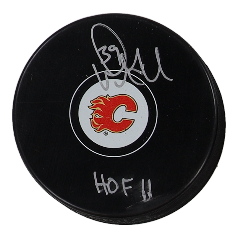 Doug Gilmour Signed Flames Logo Hockey Puck Inscribed "HOF 11" (Schwartz) at PristineAuction.com Doug Gilmour Signed Flames Logo Hockey Puck Inscribed "HOF 11" (Schwartz) at PristineAuction.com