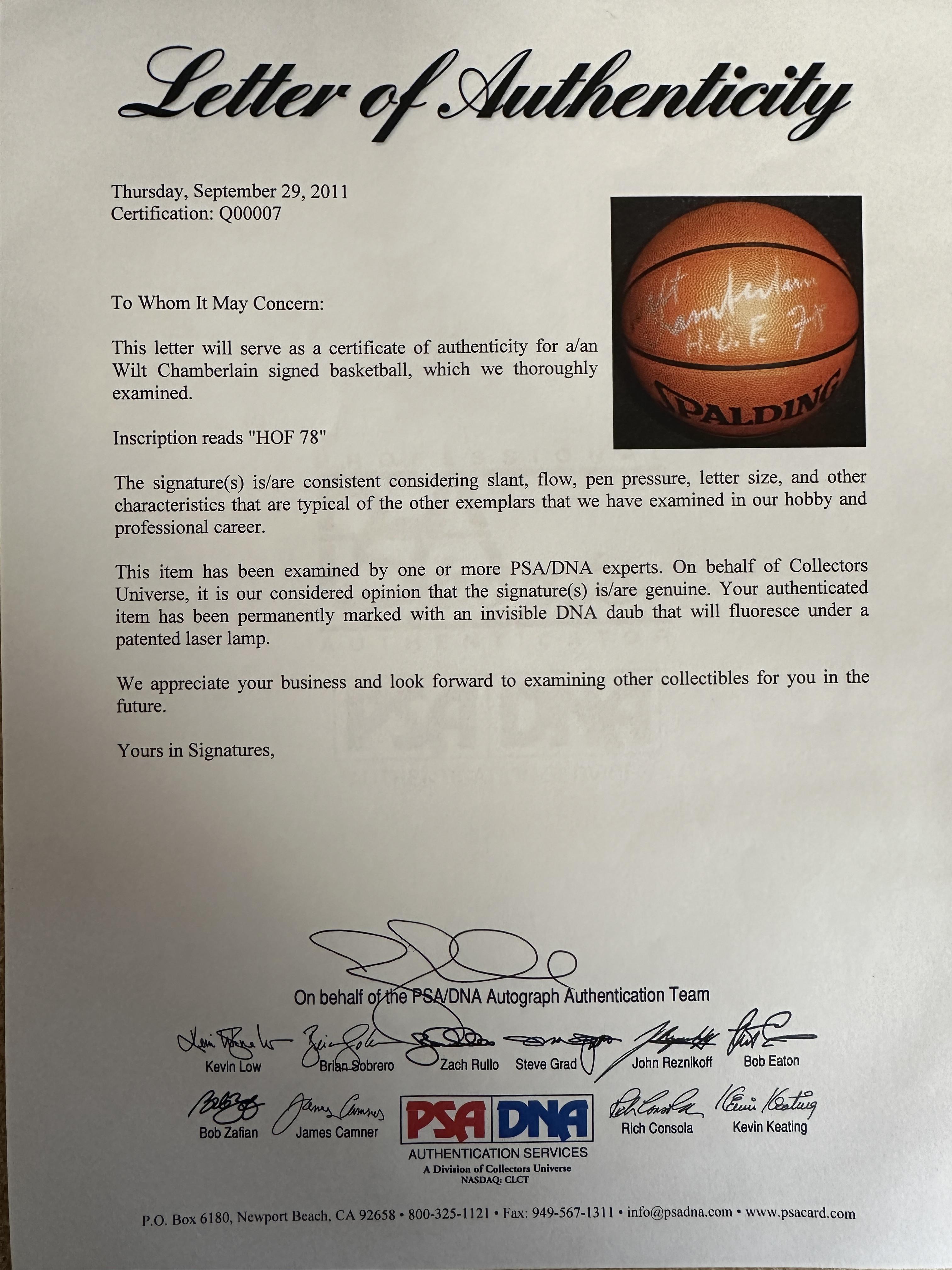 Wilt Chamberlain Signed NBA Basketball Inscribed "H.O.F. 78" (PSA) at PristineAuction.com Wilt Chamberlain Signed NBA Basketball Inscribed "H.O.F. 78" (PSA) at PristineAuction.com