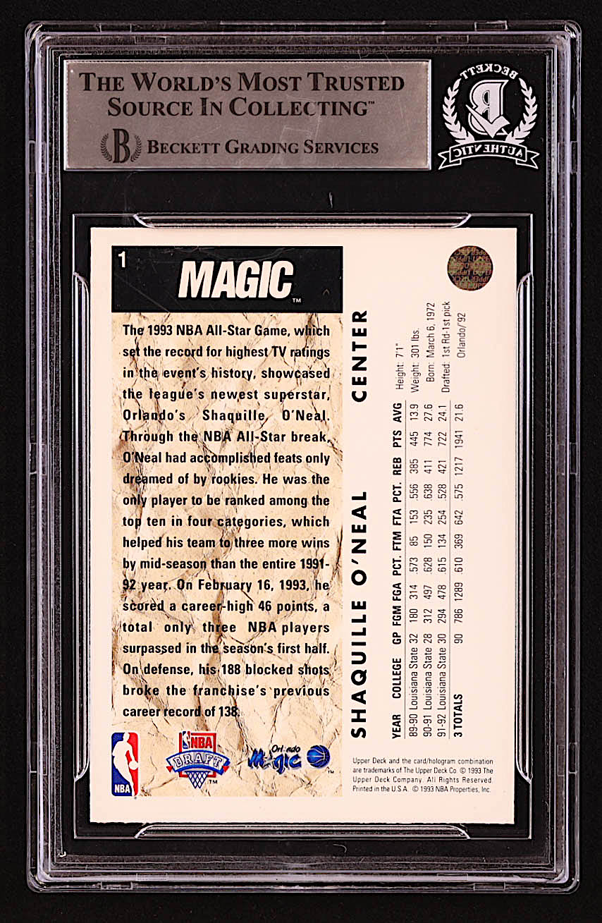 Shaquille O'Neal Signed 1992-93 Upper Deck #1 SP RC / NBA First Draft Pick (BGS) at PristineAuction.com Shaquille O'Neal Signed 1992-93 Upper Deck #1 SP RC / NBA First Draft Pick (BGS) at PristineAuction.com