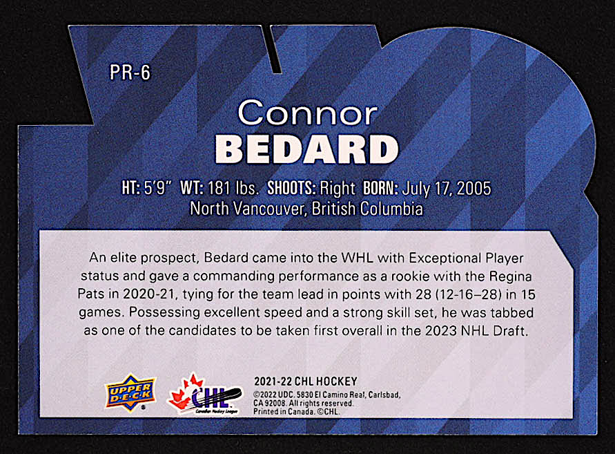 Connor Bedard 2021-22 Upper Deck CHL Profiles #PR6 RC at PristineAuction.com Connor Bedard 2021-22 Upper Deck CHL Profiles #PR6 RC at PristineAuction.com
