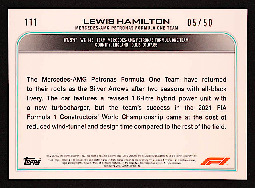 Lewis Hamilton 2022 Topps Chrome Sapphire Formula 1 Gold Refractors #111 #05/50 at PristineAuction.com Lewis Hamilton 2022 Topps Chrome Sapphire Formula 1 Gold Refractors #111 #05/50 at PristineAuction.com