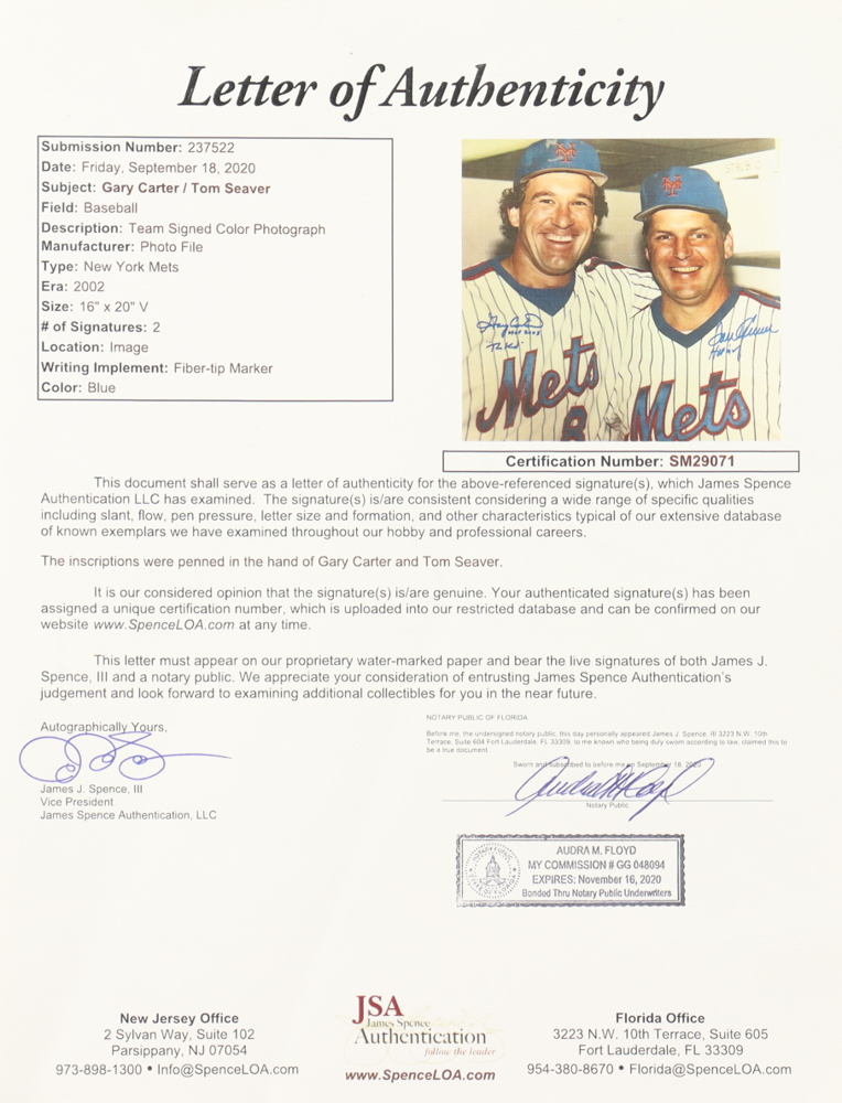 Gary Carter & Tom Seaver Signed Mets 16x20 Photo Inscribed "HOF 2003," "HOF '92" & "The Kid" (JSA, Fanatics & Carter) at PristineAuction.com Gary Carter & Tom Seaver Signed Mets 16x20 Photo Inscribed "HOF 2003," "HOF '92" & "The Kid" (JSA, Fanatics & Carter) at PristineAuction.com
