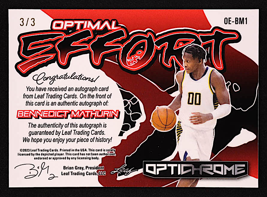 Bennedict Mathurin 2023 Leaf Optichrome Optimal Effort Mojo Green #OEBM1 #3/3 at PristineAuction.com Bennedict Mathurin 2023 Leaf Optichrome Optimal Effort Mojo Green #OEBM1 #3/3 at PristineAuction.com