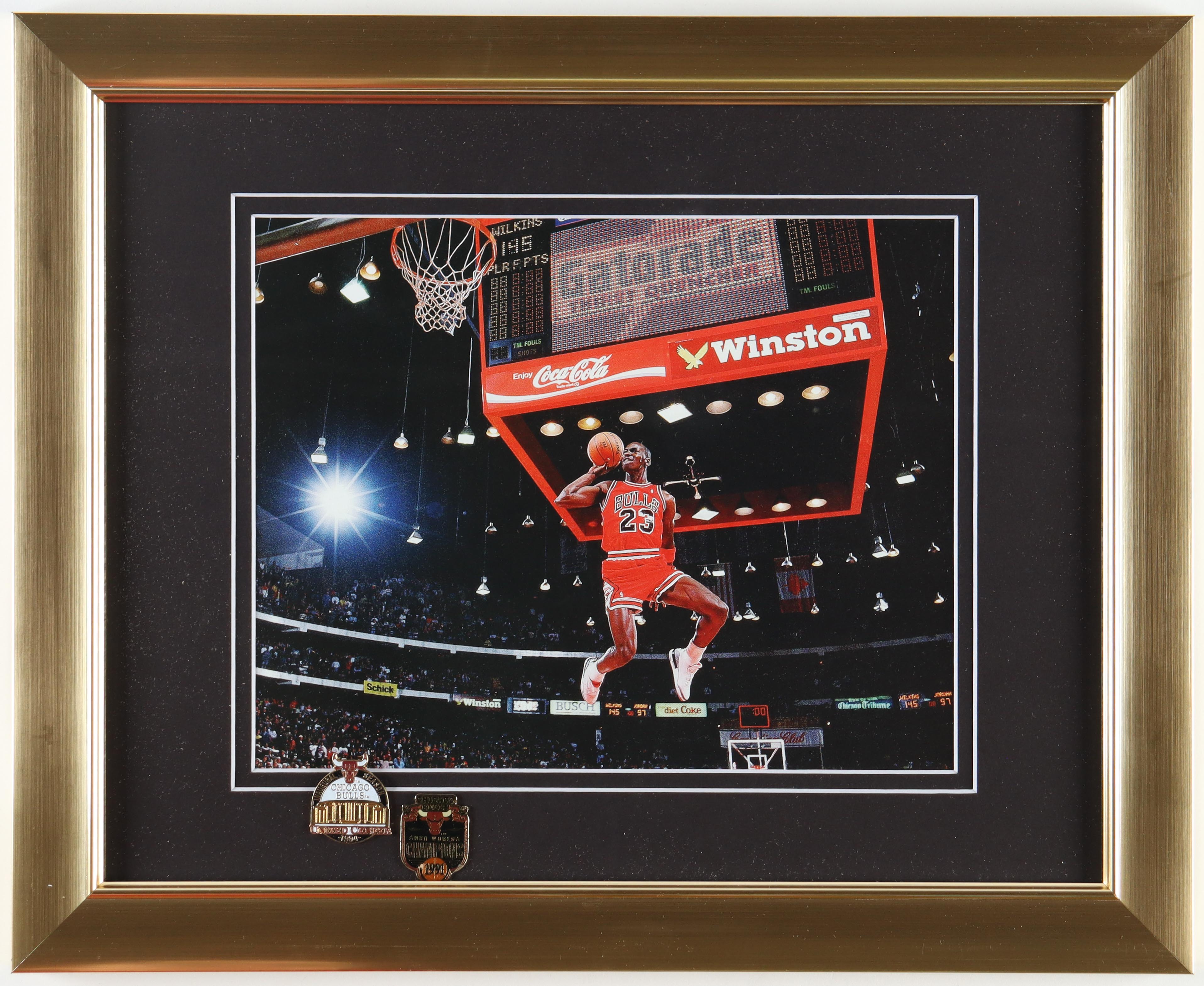 Michael Jordan Bulls Dunk Contest Custom Framed Photo Display with 1994 United Center & 1991 Bulls Championship Pins at PristineAuction.com Michael Jordan Bulls Dunk Contest Custom Framed Photo Display with 1994 United Center & 1991 Bulls Championship Pins at PristineAuction.com