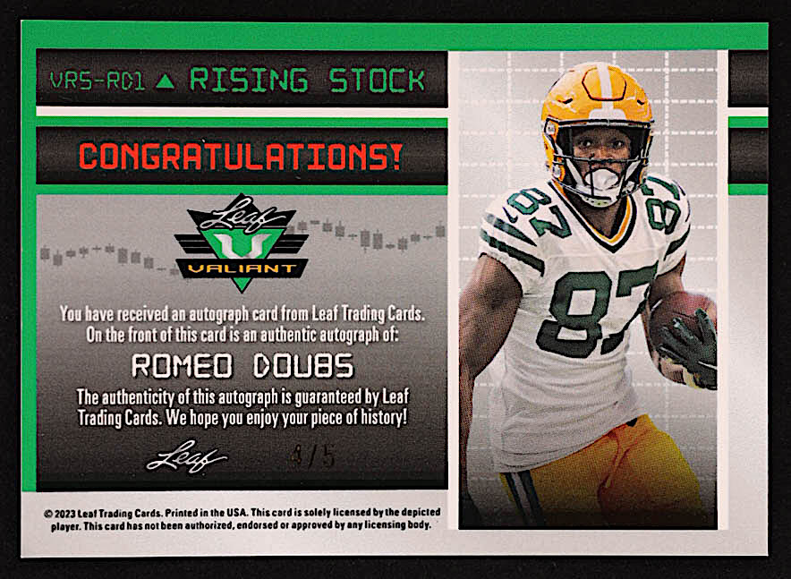 Romeo Doubs 2023 Leaf Eclectic Valiant Rising Stock Autographs Prismatic Green #VRSRD1 #4/5 at PristineAuction.com Romeo Doubs 2023 Leaf Eclectic Valiant Rising Stock Autographs Prismatic Green #VRSRD1 #4/5 at PristineAuction.com