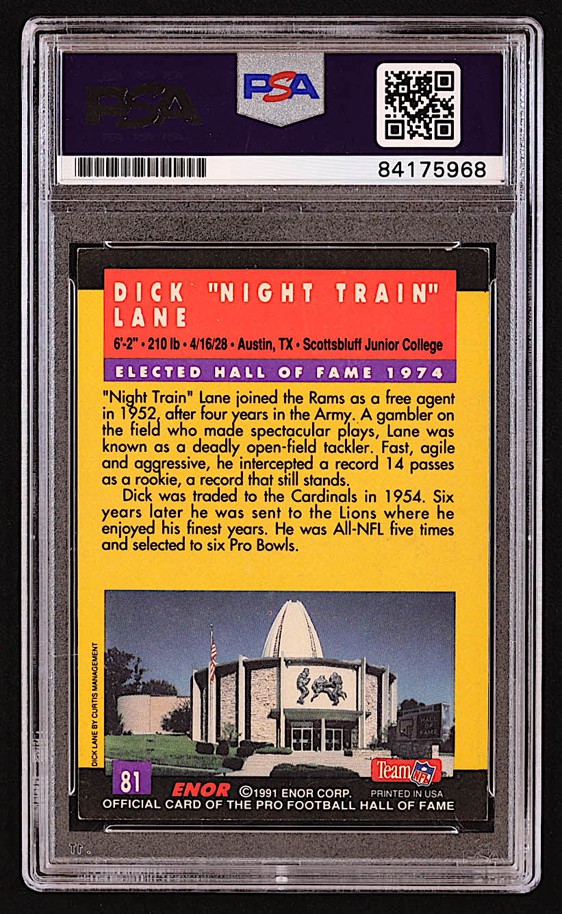 Dick "Night Train" Lane Signed 1991 ENOR Pro Football HOF #81 (PSA) at PristineAuction.com Dick "Night Train" Lane Signed 1991 ENOR Pro Football HOF #81 (PSA) at PristineAuction.com