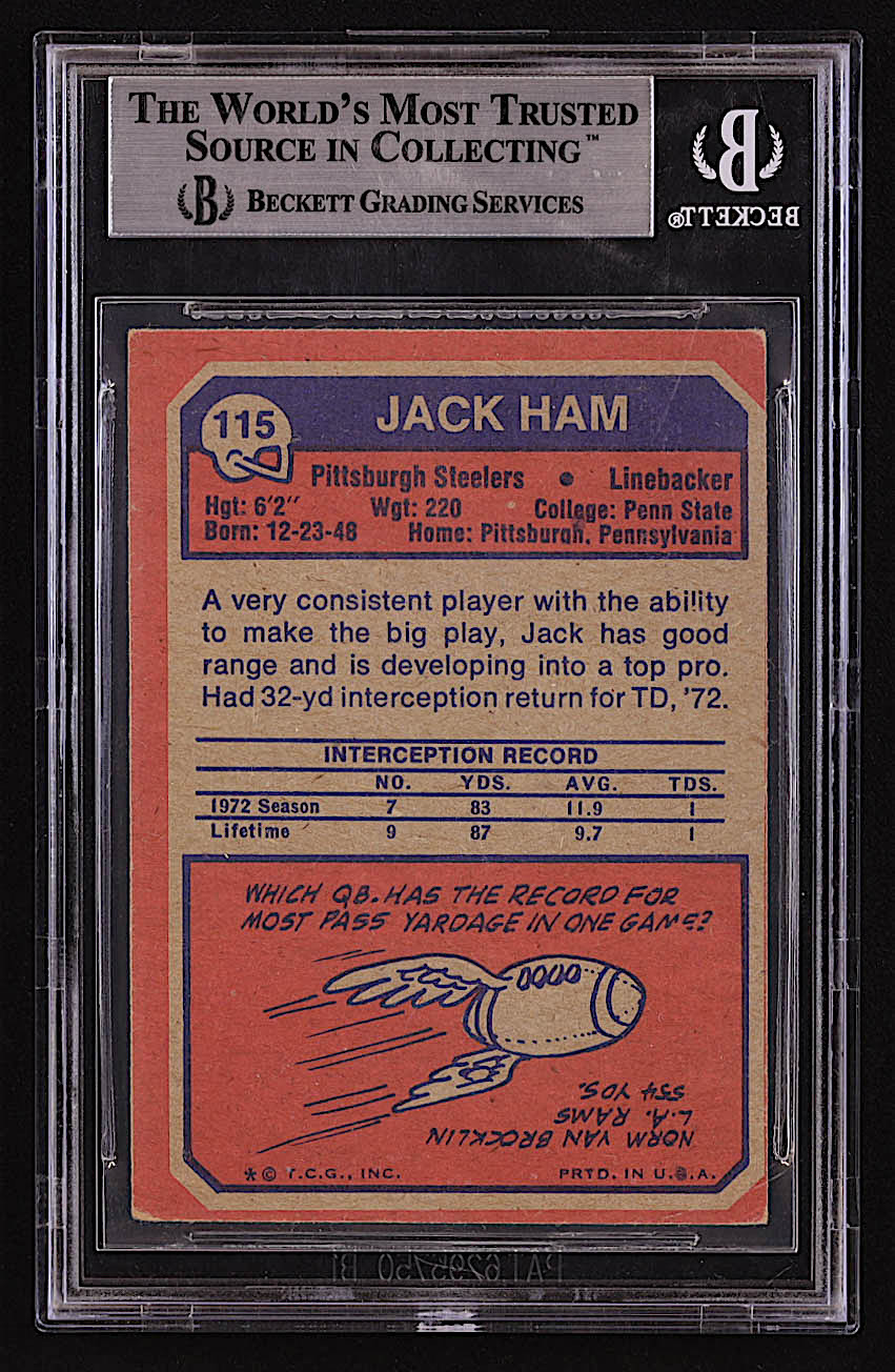 Jack Ham Signed 1973 Topps #115 RC (BGS) at PristineAuction.com Jack Ham Signed 1973 Topps #115 RC (BGS) at PristineAuction.com
