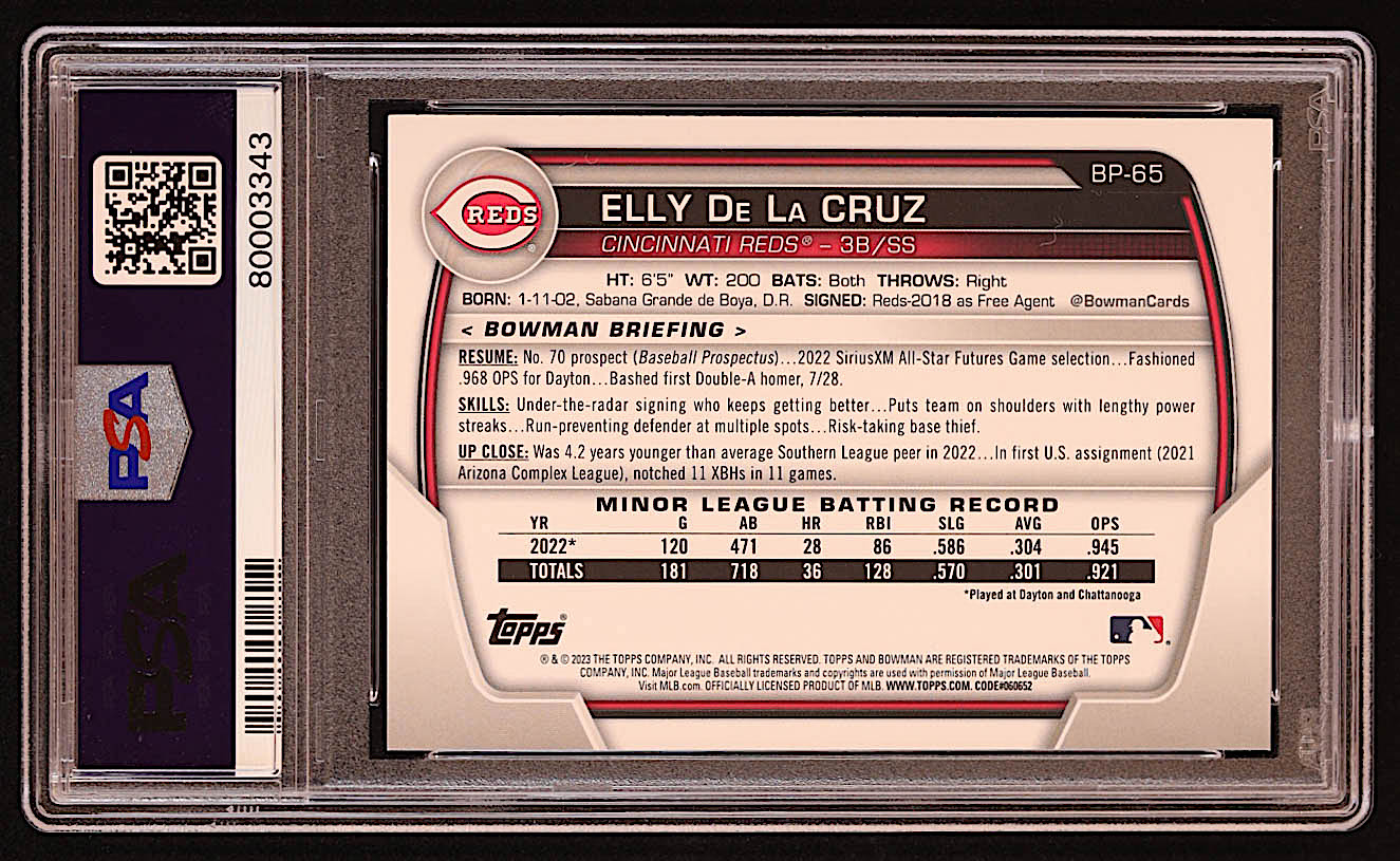 Elly De La Cruz 2023 Bowman Prospects #BP65 RC (PSA 10) at PristineAuction.com Elly De La Cruz 2023 Bowman Prospects #BP65 RC (PSA 10) at PristineAuction.com