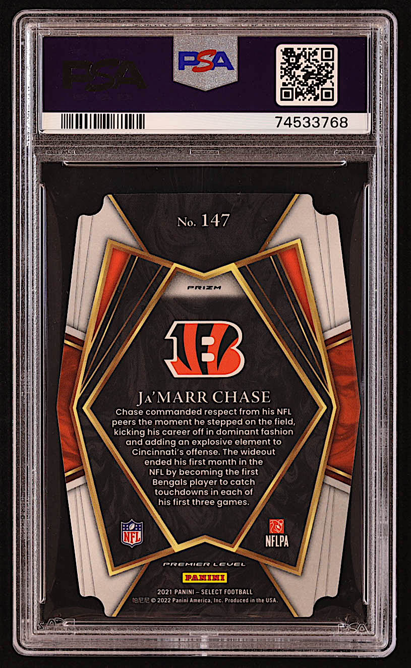 Ja'Marr Chase 2021 Select Prizm Red and Yellow Die Cut #147 RC (PSA 9) at PristineAuction.com Ja'Marr Chase 2021 Select Prizm Red and Yellow Die Cut #147 RC (PSA 9) at PristineAuction.com