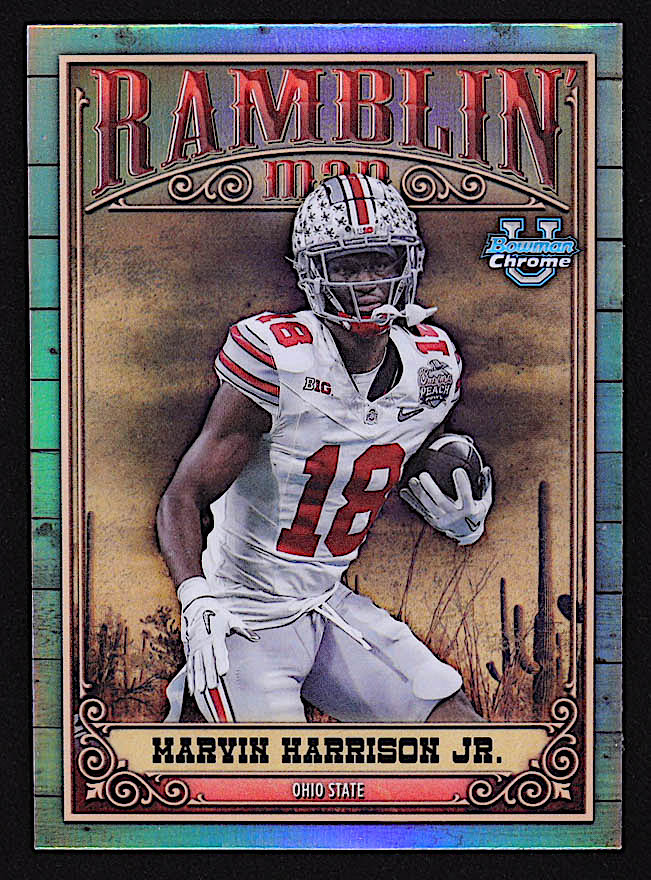 Marvin Harrison Jr. 2023 Bowman Chrome University Ramblin Man #RM13 RC at PristineAuction.com Marvin Harrison Jr. 2023 Bowman Chrome University Ramblin Man #RM13 RC at PristineAuction.com