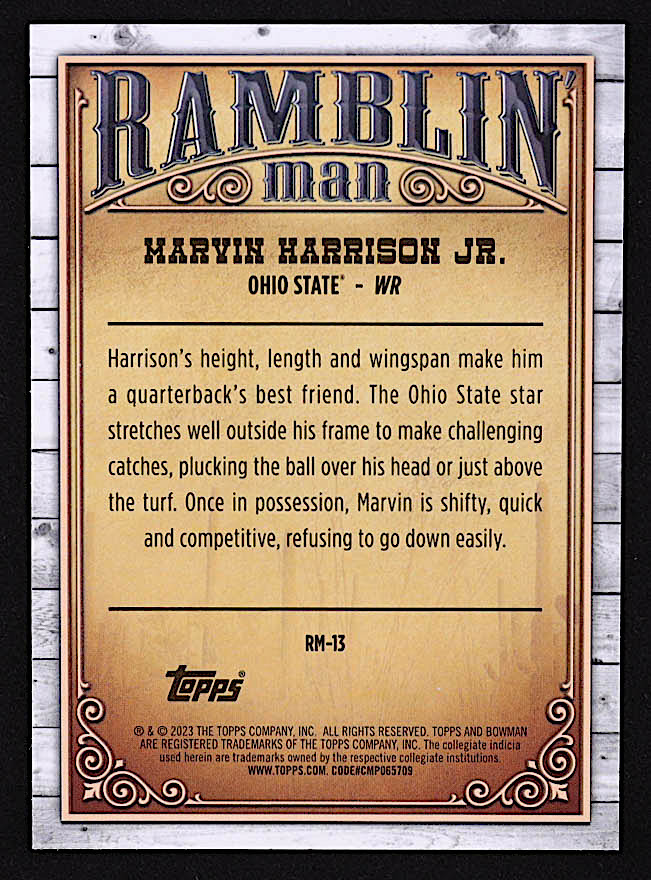 Marvin Harrison Jr. 2023 Bowman Chrome University Ramblin Man #RM13 RC at PristineAuction.com Marvin Harrison Jr. 2023 Bowman Chrome University Ramblin Man #RM13 RC at PristineAuction.com