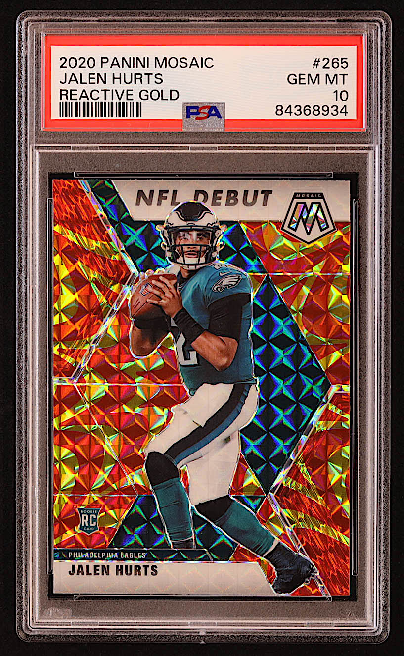 Jalen Hurts 2020 Panini Mosaic Mosaic Reactive Gold #265 DEB RC (PSA 10) at PristineAuction.com Jalen Hurts 2020 Panini Mosaic Mosaic Reactive Gold #265 DEB RC (PSA 10) at PristineAuction.com
