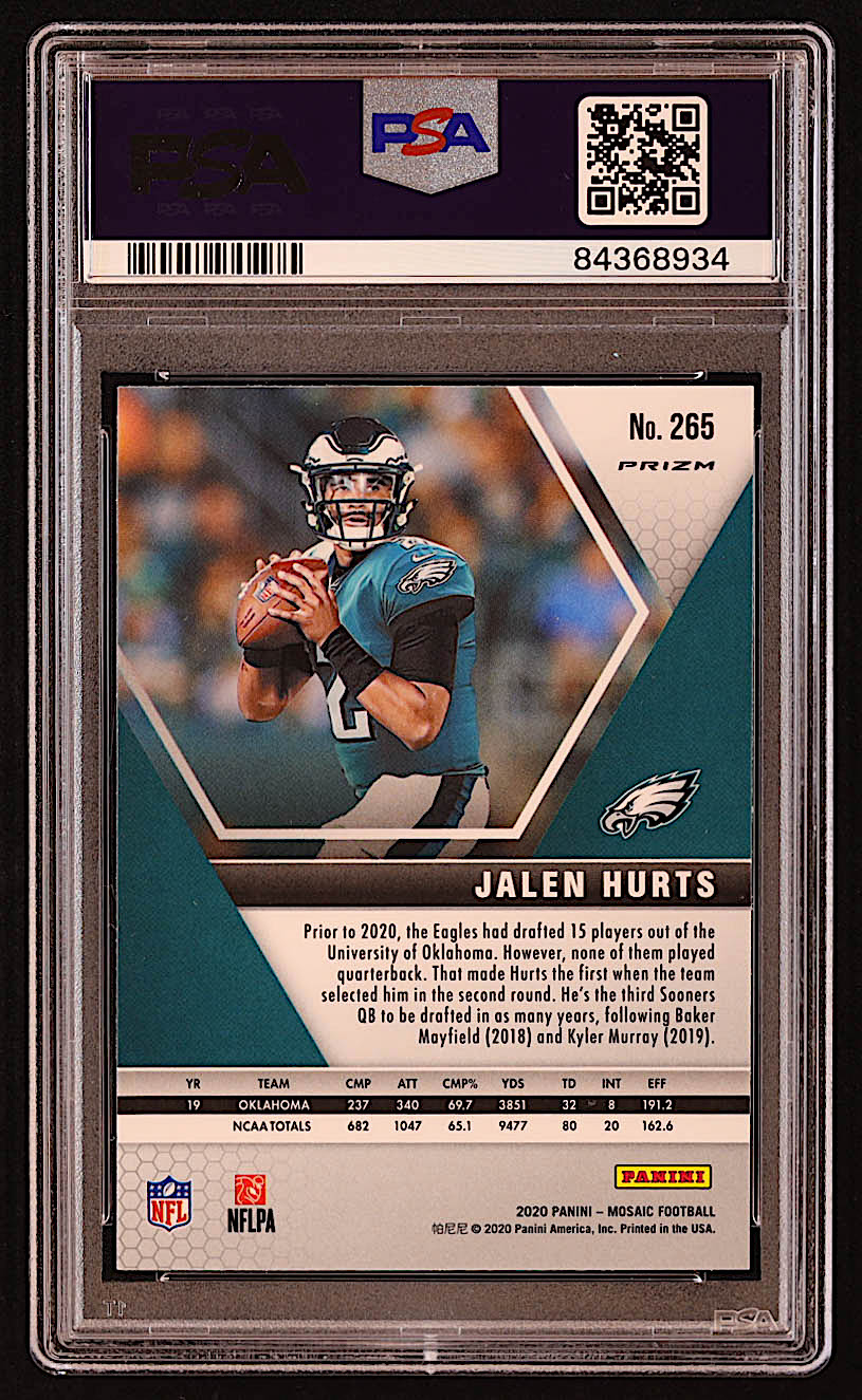 Jalen Hurts 2020 Panini Mosaic Mosaic Reactive Gold #265 DEB RC (PSA 10) at PristineAuction.com Jalen Hurts 2020 Panini Mosaic Mosaic Reactive Gold #265 DEB RC (PSA 10) at PristineAuction.com