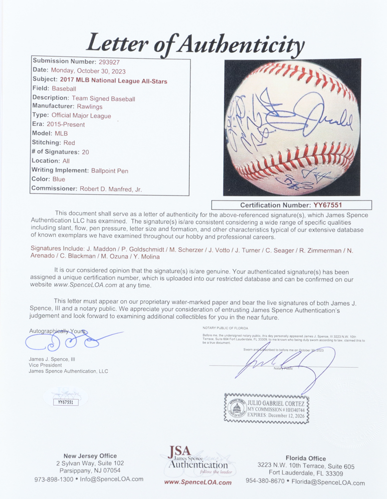 2017 NL All-Stars OML Baseball Signed by (20) with Joe Maddon, Paul Goldschmidt, Max Scherzer, Joey Votto (JSA) at PristineAuction.com 2017 NL All-Stars OML Baseball Signed by (20) with Joe Maddon, Paul Goldschmidt, Max Scherzer, Joey Votto (JSA) at PristineAuction.com