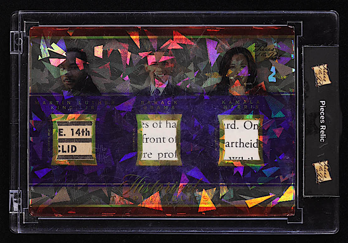Barack Obama / Kamala Harris / Martin Luther King, Jr. 2022 Pieces of the Past Historical Edition Triple Relics Cracked Ice Silver #119 at PristineAuction.com Barack Obama / Kamala Harris / Martin Luther King, Jr. 2022 Pieces of the Past Historical Edition Triple Relics Cracked Ice Silver #119 at PristineAuction.com