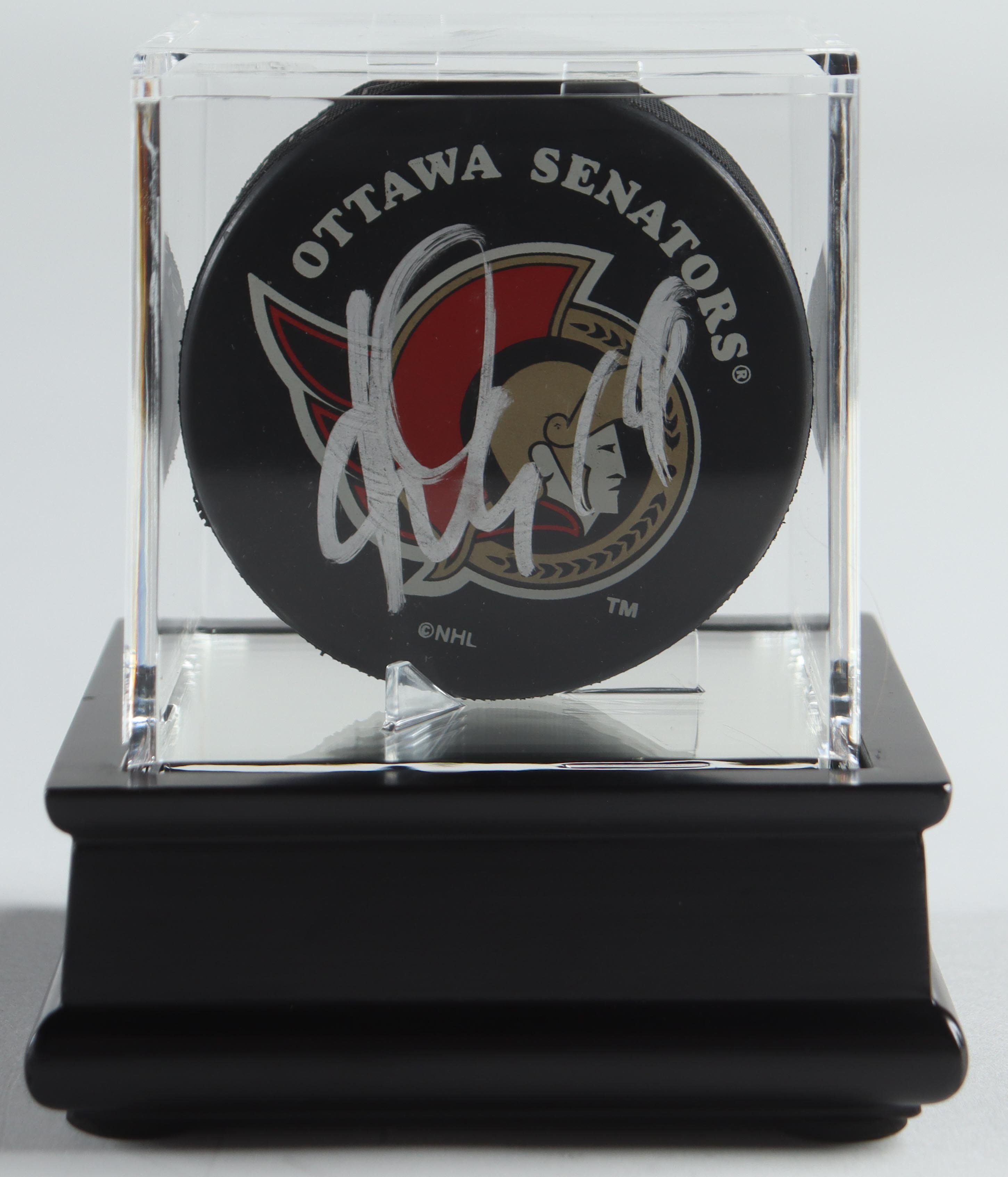 Alexei Yashin Signed Senators Logo Hockey Puck With Wood Display Case (PSA) at PristineAuction.com Alexei Yashin Signed Senators Logo Hockey Puck With Wood Display Case (PSA) at PristineAuction.com