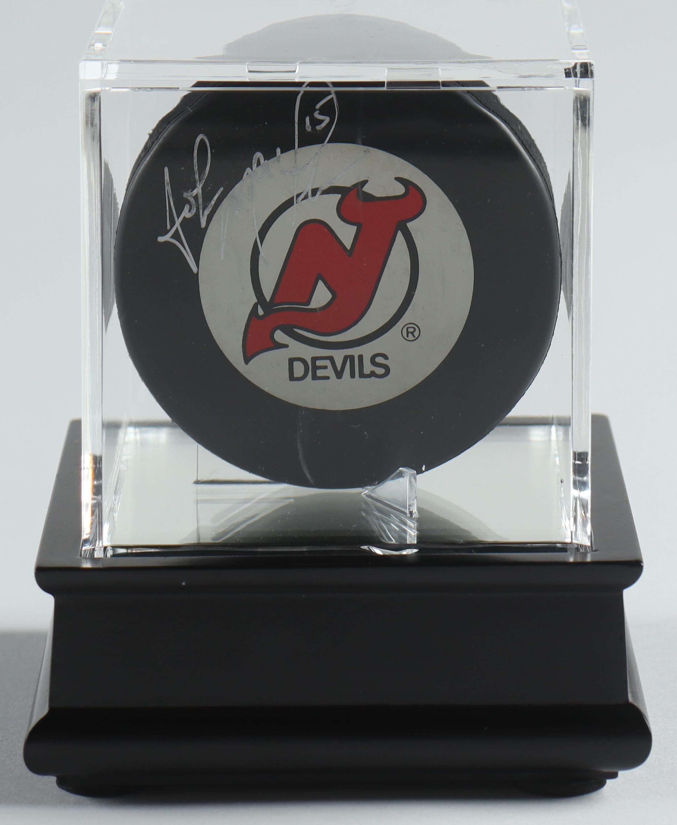 John MacLean Signed Devils Logo Hockey Puck With Wood Display Case (PSA) at PristineAuction.com John MacLean Signed Devils Logo Hockey Puck With Wood Display Case (PSA) at PristineAuction.com