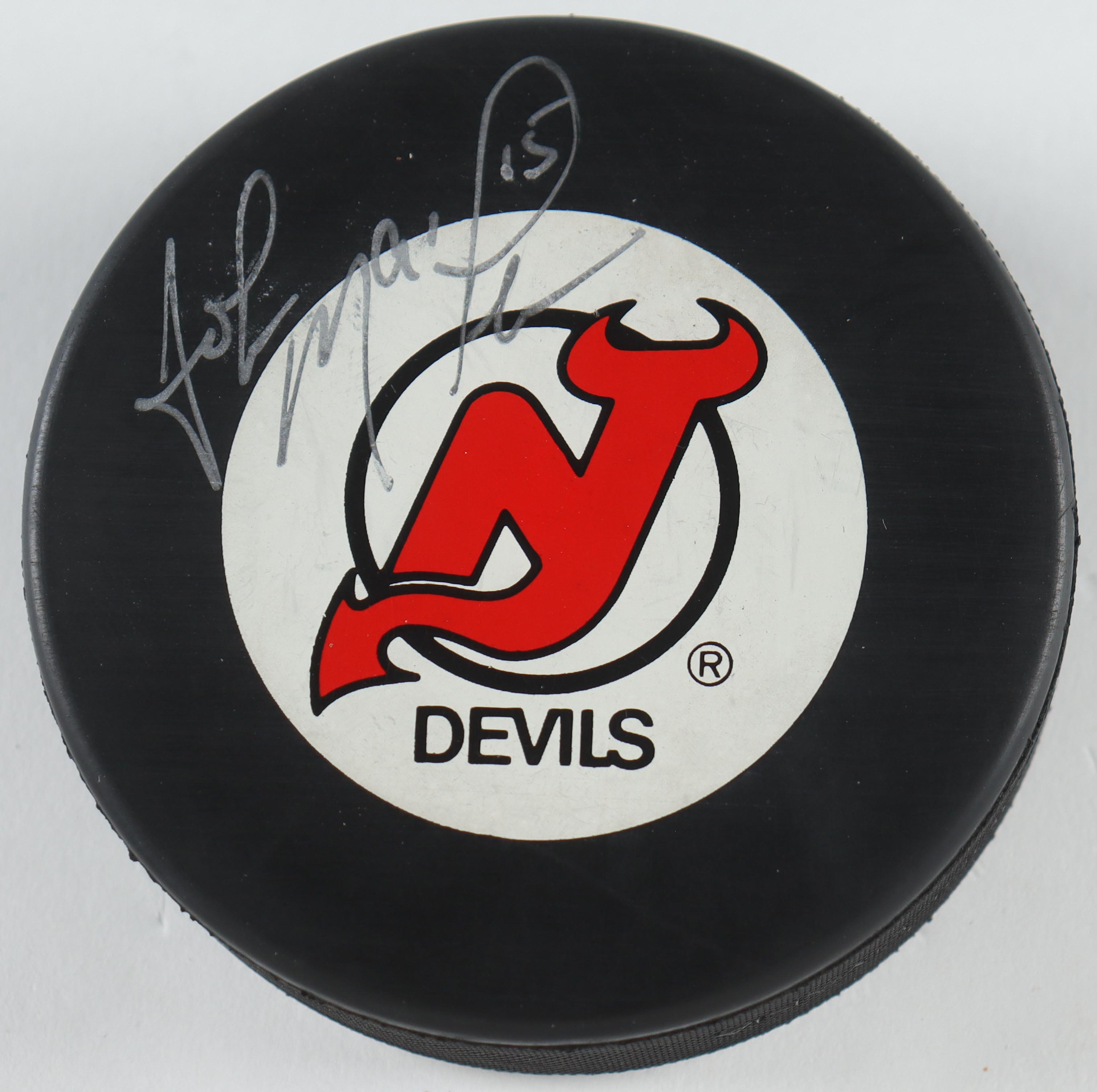 John MacLean Signed Devils Logo Hockey Puck With Wood Display Case (PSA) at PristineAuction.com John MacLean Signed Devils Logo Hockey Puck With Wood Display Case (PSA) at PristineAuction.com