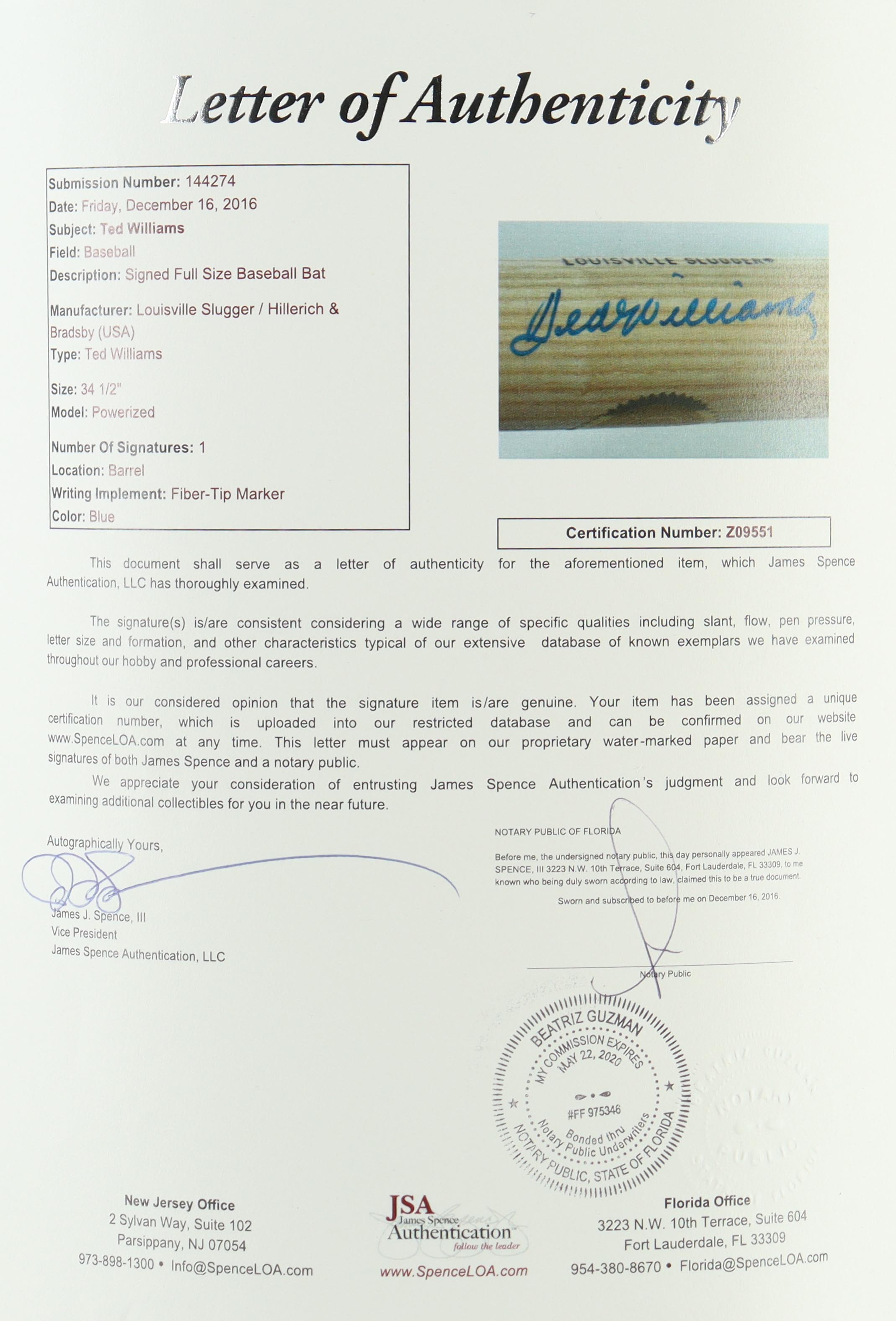 Ted Williams Signed Louisville Slugger Baseball Bat (JSA & Williams) at PristineAuction.com Ted Williams Signed Louisville Slugger Baseball Bat (JSA & Williams) at PristineAuction.com