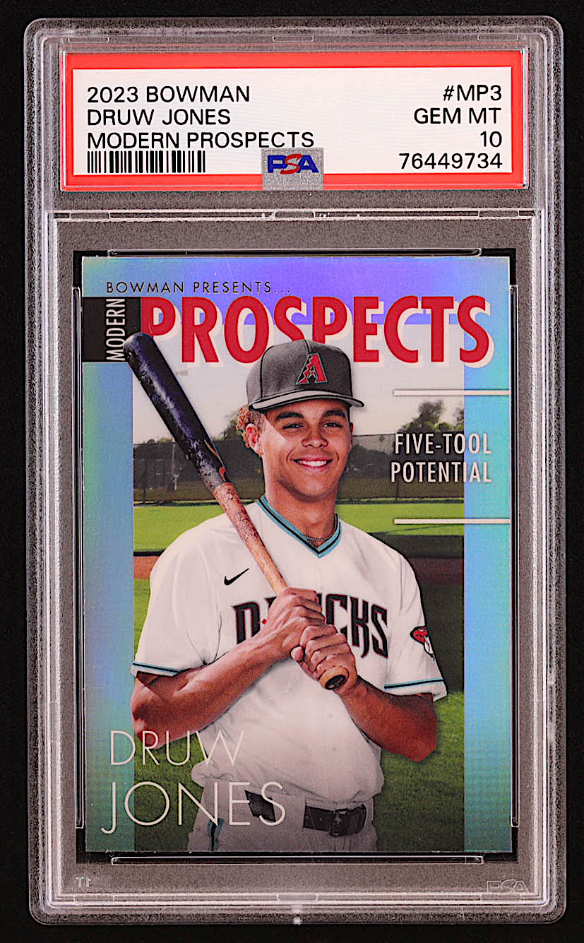 Druw Jones 2023 Bowman Chrome Modern Prospect #MP3 RC (PSA 10) at PristineAuction.com Druw Jones 2023 Bowman Chrome Modern Prospect #MP3 RC (PSA 10) at PristineAuction.com