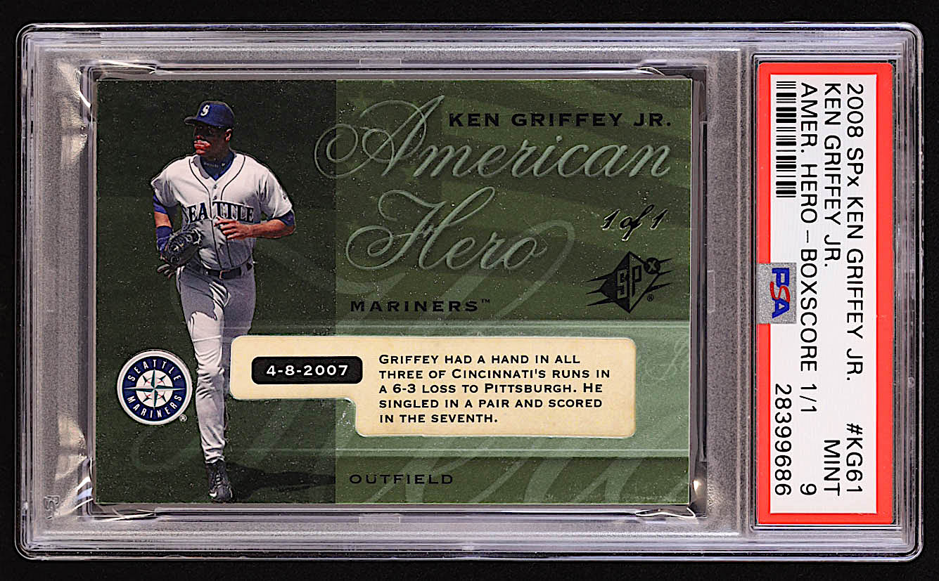 Ken Griffey Jr. 2008 SPx Ken Griffey Jr. American Hero Boxscore #KG61 #1/1 (PSA 9) at PristineAuction.com Ken Griffey Jr. 2008 SPx Ken Griffey Jr. American Hero Boxscore #KG61 #1/1 (PSA 9) at PristineAuction.com